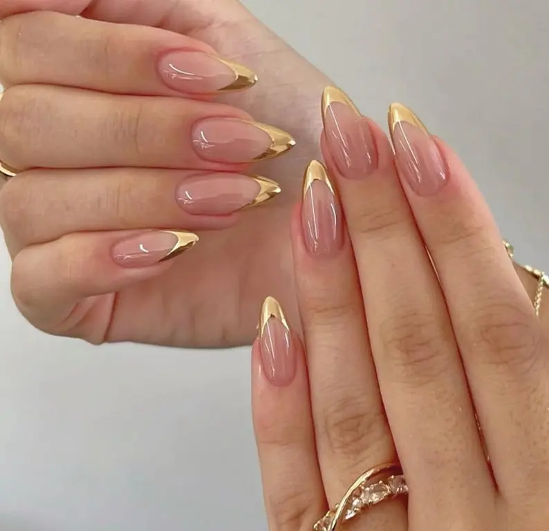 Painted Gold Chrome French Tip Press On Nails Cat Eye Blings