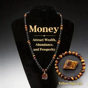Money Attraction Necklace Set with Green Aventurine & Tiger Eye Pendant – Healing Crystal Stone with Bracelet, Wealth Abundance Jewelry, Long Chain | Perfect Gift for Men & Women, Anniversary, Vacation & Theme Parties
