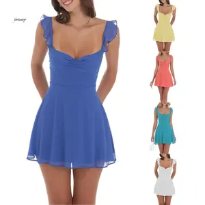 Women Summer Mini Cami Dress Solid Color Sleeveless Open Back Smocked Waist Mesh Dress