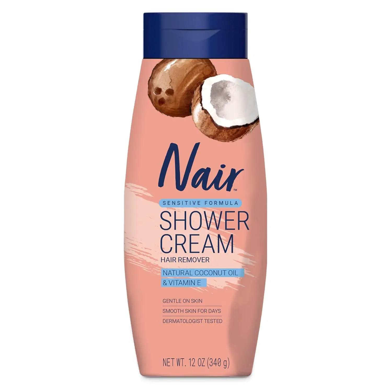 Nair Sensitive Shower Cream Hair Remover with Natural Coconut Oil & Vitamin E Body Hair Removal Cream 12 oz Gentle on Skin