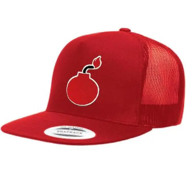 Structured 5-Panel Graphic Trucker Hat in Red, Embroidered Bomb Logo, Adjustable Polyester/Cotton with Mesh Backing