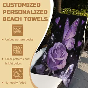 Microfiber Beach Towel, Rose & Butterfly Print with Sparkly Crystal Diamond Magical Fantasy Design, Quick Dry Absorbent Towel for Men and Women, Suitable for Swimming, Pool, Beach Vacation, Travel, Home Decor and Birthday Gifts
