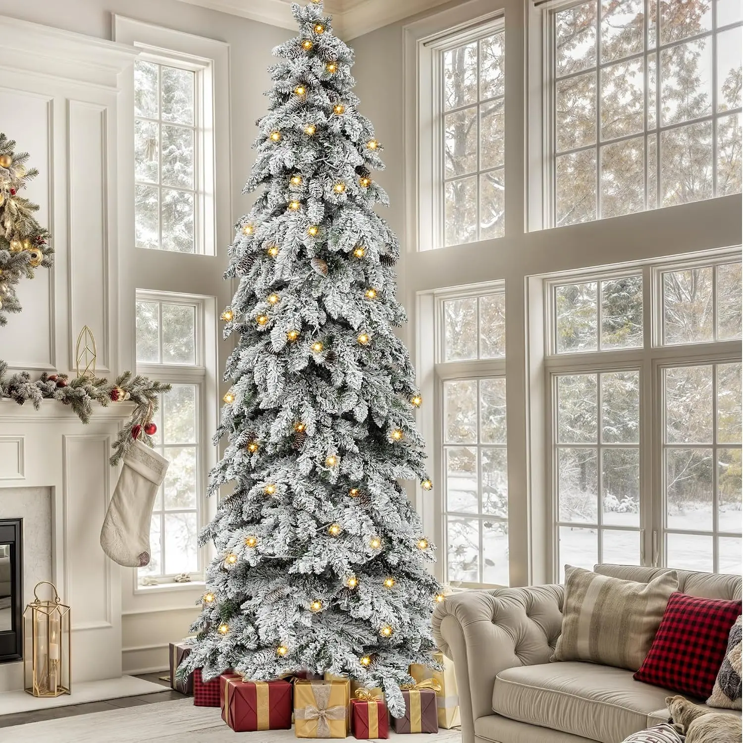 Yitahome 7.5/9/11 ft Pre-Lit Flocked Artificial Christmas Tree, Snow Flocked Natural Layered Christmas Tree with  PE & PVC Mixed Branch Tips and Lights for Home Office Party Decoration