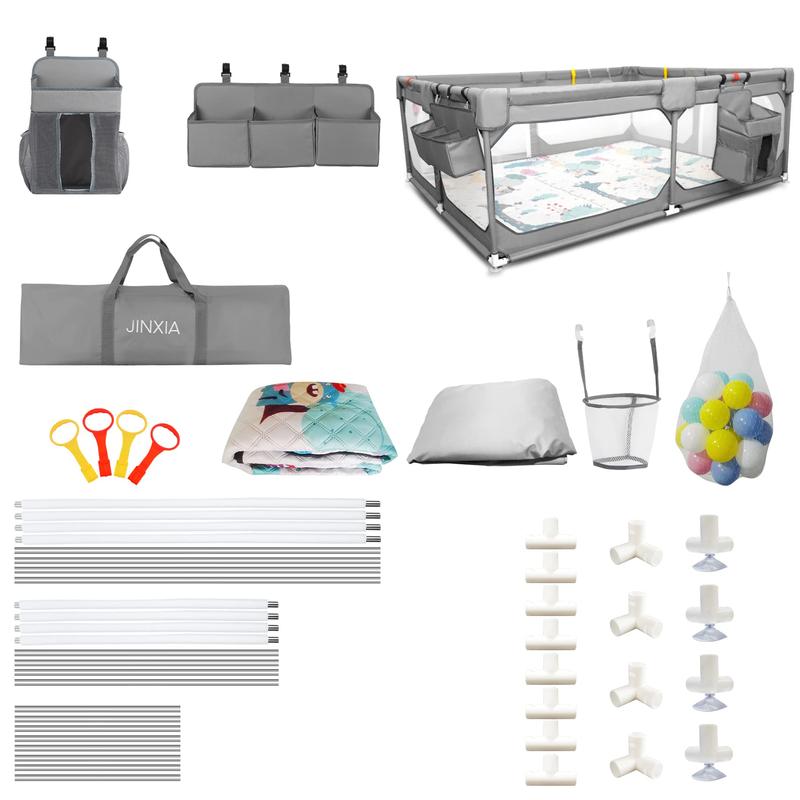 JINXIA Baby Playpen with Mat Extra Large Playpen for Babies and Toddlers with Storage Bag BPA-Free Non-Toxic Safe No Gaps Playards for Babies Sturdy Safety Play Yard for Indoor Outdoor Fun Grey