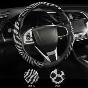 Queen's Land Zebra & Cow Print Bling Steering Wheel Cover with Crystal Rhinestones, 3PCS Segmented Stylish Protector, Universal 13-15 Inch Fit for Women, Sparkly Car Accessories, Perfect for Holiday Gifts