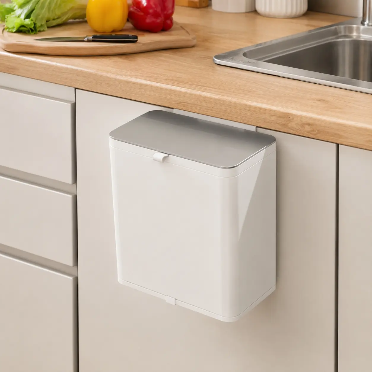 2.1 Gal/8L Stainless Steel Hanging Trash Can with Lid, ANCALL Kitchen Compost Bin, Cabinet Door Mount Waste Bin, Under Sink Wall Counter RV Small Garbage Can