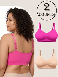 2 Counts Full Bust Wireless Comfort Bras, Adjustable Thin Strap Seamless Lingerie, High Support V-Neck Bra for Curvy Women, No Underwire