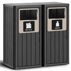 TikTokShopStockUp  WTFGO 22 Gallon Dual Compartment Trash Can, Weatherproof Indoor & Outdoor Garbage Bin with Recycle & Waste Sorting, Wood-Like Pattern, Easy to Clean & Assemble for Kitchen/Patio/Garden