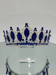 Rhinestone Tiara in Royal Blue and Silver #1876 - Elegant Crown Design with Big Colorful Stones and Sparkling Rhinestones for Quinceañera Events Wedding Beaded