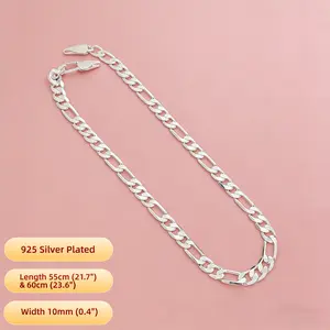 925 Silver Plated Figaro Chain | Length 55cm (21.7") & 60cm (23.6"), Width 10mm (0.4")Unisex Hypoallergenic Necklace Hip Hop Figaro Chain | Polished Silver Necklace for Everyday Wear