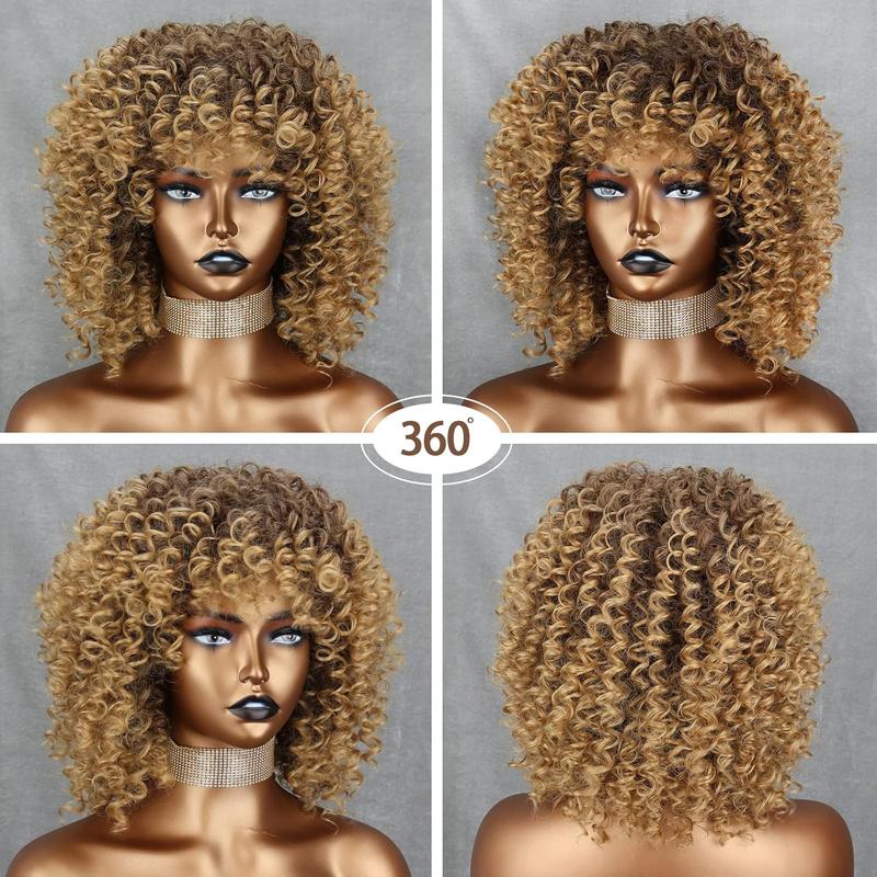 14 inch Blonde Curly Wigs 70s, Kinky Brown Mixd Blonde Afro Wigs for Black Women, Synthetic Afro Curly Blonde Wigs for Women (Brown to Blonde)
