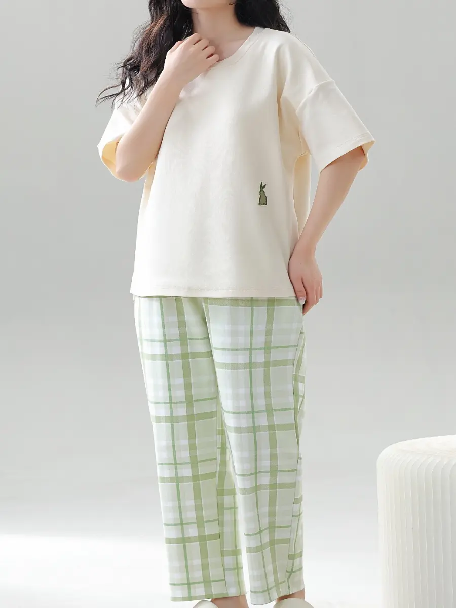 Cotton Women Pajama Set 2 Pcs Short Sleeve Pullover Top Sleepwear Long PJ Pants