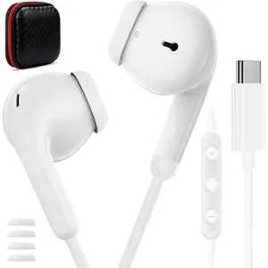 USBC Wired Headphones for iPad A16/ 17 Pro Max Air 16 Plus 15, USB Type C Earbuds Corded Mic Case Stereo Semi in Ear Bud Earphones for Galaxy S26 S25 Ultra S24 Fe/Pixel 10 9A 9 XL 8, White