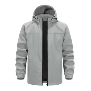 Men’s Spring/Autumn Hooded Windproof Waterproof Jacket, Light Gray Outdoor Quick-Dry Softshell, Simple Commuter Mountaineering Cycling Top