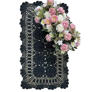 Lace Table Runner Rectangular Table Cover Cloth Handmade Crochet Floral Placemats 100% Cotton (Floral Black, 15x28Inch)