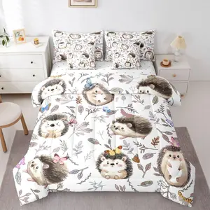Kawaii Hedgehog 7 Pcs Comforter Set,Kids Hedgehog Bedding Set for Girls Boys Colorful Butterfly Duvet Insert Cartoon Wild Animals Sheets for Hedgehog Lovers Botanical Quilt