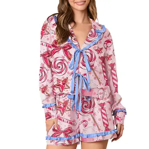 Women’s Christmas Pajama Set – 2-Piece Loungewear with Santa Claus & Christmas Tree Print Tops and Pants Sleepwear