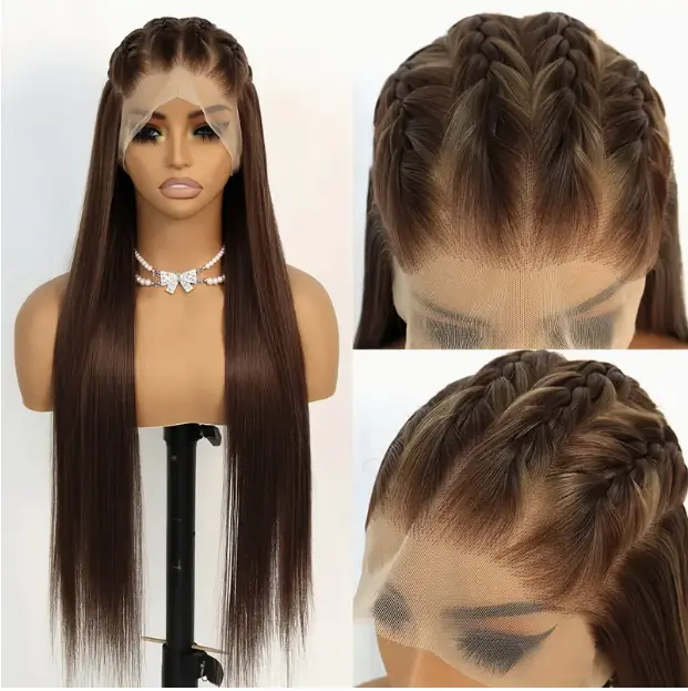 Local warehouse28 Inch Natural Chocolate Brown 360 Full Lace Wig - Long Straight 180 Density Heat Resistant Synthetic Hair, Pre-Plucked Glueless Lace Front Wig for Women, Daily & Party Use, All Ethnicities, Synthetic Lace Front Wig