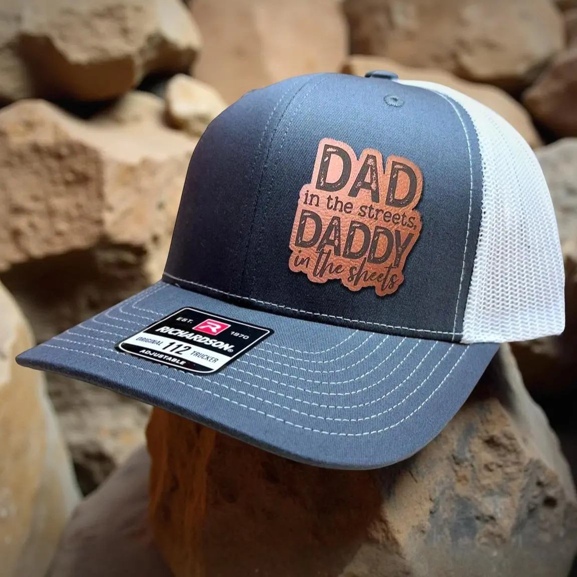 Dad In The Streets Leather Patch Hat, Custom Leather Patch Trucker Cap, Gag Gift for Him