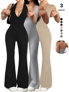 Women's Halter Neck Jumpsuit with Deep V Backless Design, Sleeveless Flare Leg Romper, Fitted Casual Wear for All Seasons