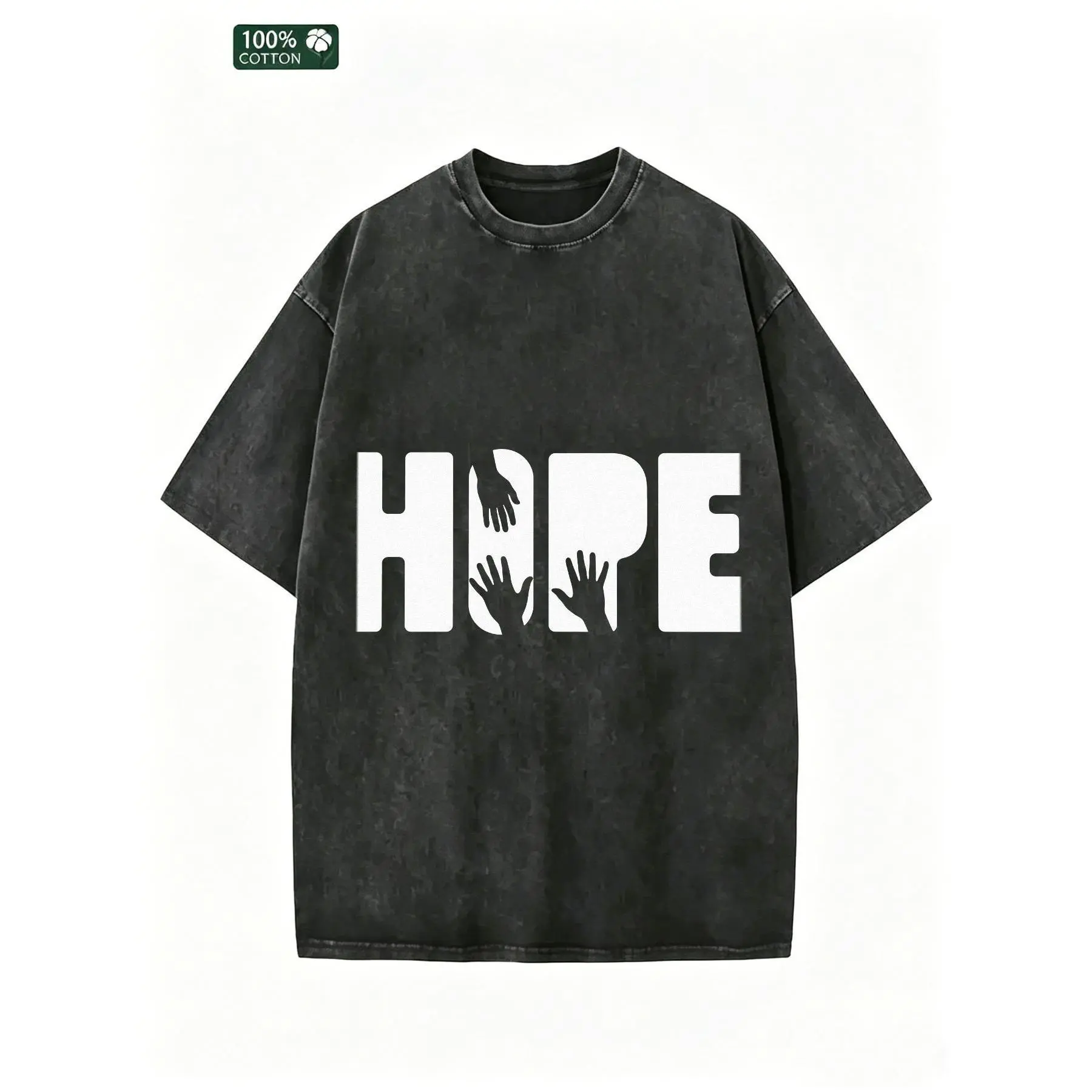 HOPE Graphic Oversized T-Shirt Men Distressed Acid Wash 100% Cotton Streetwear Tee Casual Summer Fashion Relaxed Fit Breathable Top Trendy Gift