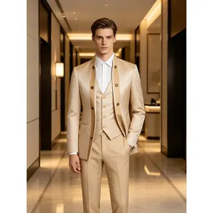 Champagne Gold Jacquard 3-Piece Suit for Men, Slim Fit Stand Collar Tuxedo, Wedding/Party Formal Blazer Vest Pants Set