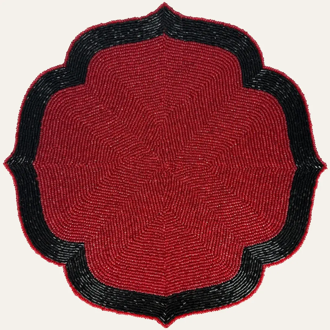 Handmade Embroidery Fabric Placemats, Stylish Red-Black Polyester Table Mats with Glass Beads, 14 in Heat Resistant for Dining Tableware