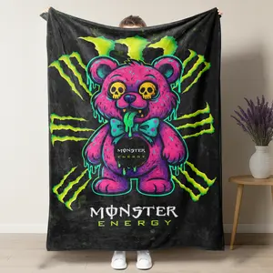 Monster Energy Horror Teddy Bear Blanket – Spooky Neon Pink Dripping Teddy Bear with Skull Eyes Artwork, Soft Plush Fleece Throw, Perfect for Energy Drink & Gothic Aesthetic Fans