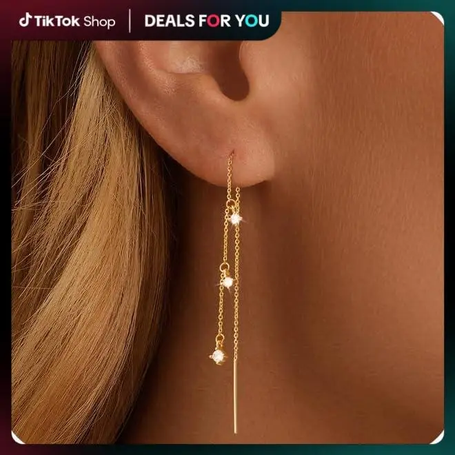 NECOCY Dainty Threader Earrings for Women, Tassel Long Chain Drop with 3 Zircons, High Quality Lightweight and Hypoallergenic Jewelry