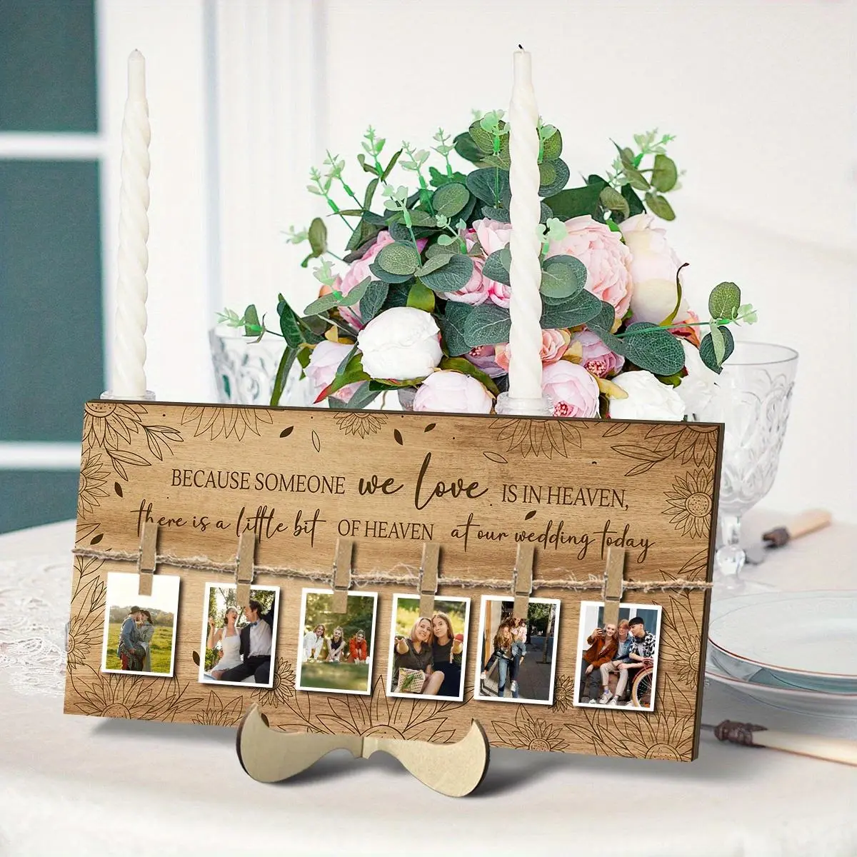 Wooden Photo Frame, 1 Count Wedding Sign with 6 Counts Clips, Memory Table Sign, Wooden Memorial Picture Hanging Board, Family Decor Photo Display Sign, Home Decor Accessory, Wooden Framed, Wood Frames