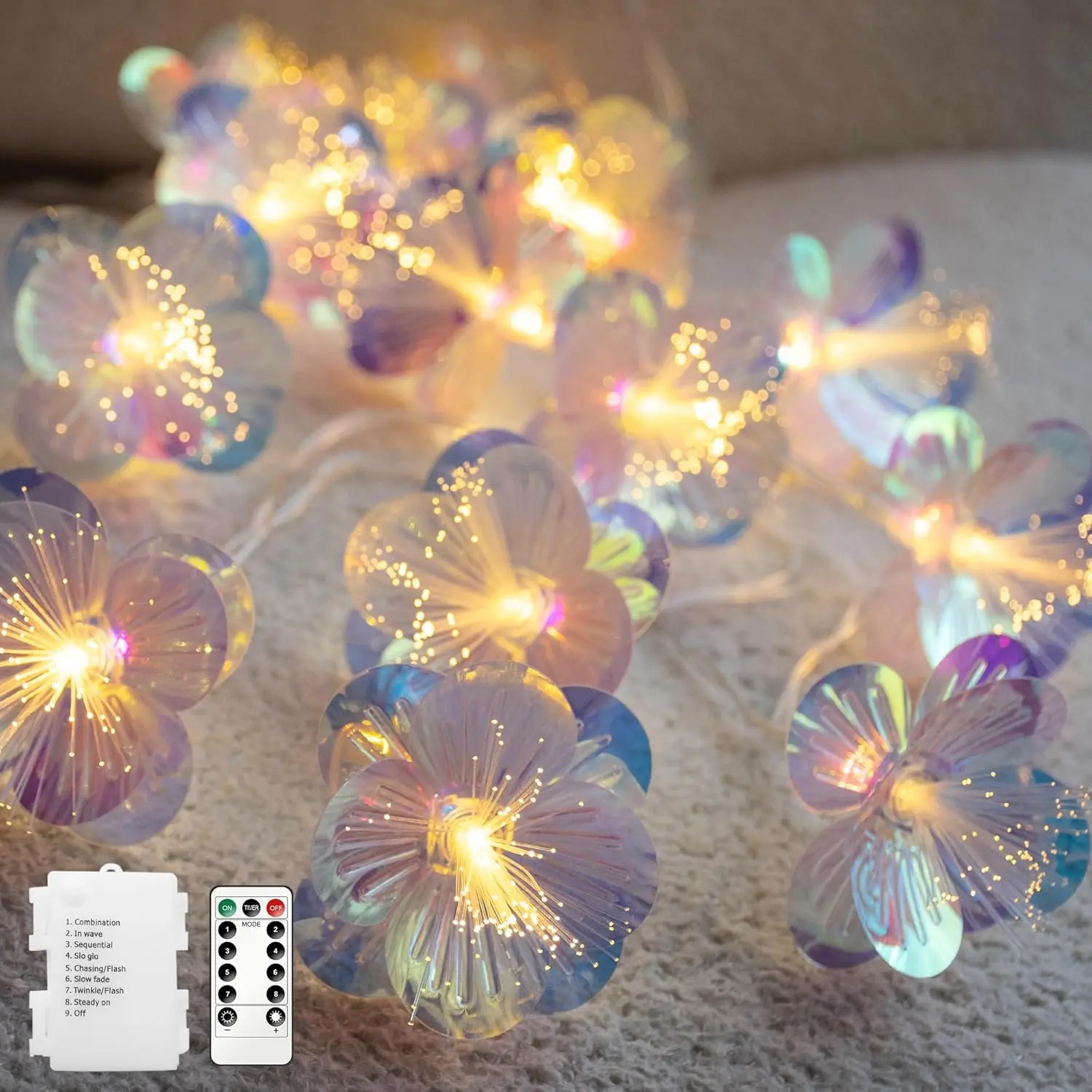 Fiber Optic Flower String Lights Battery Operated with Timer, 13ft 20 LED Flower Garland Lights Fairy Decor Light for Room Table Wedding Christmas Easter Décor (Warm White)