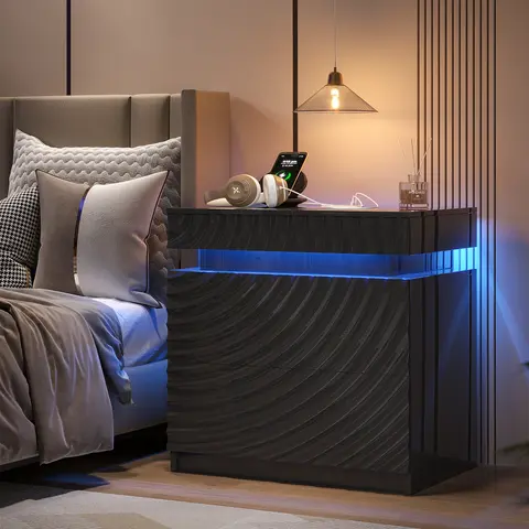 FREDEES Modern Bedside Nightstand | Human Sensor 3-Color LED Night Light, USB & Type-C Charging Station, 3 Drawer Storage Cabinet for Bedroom