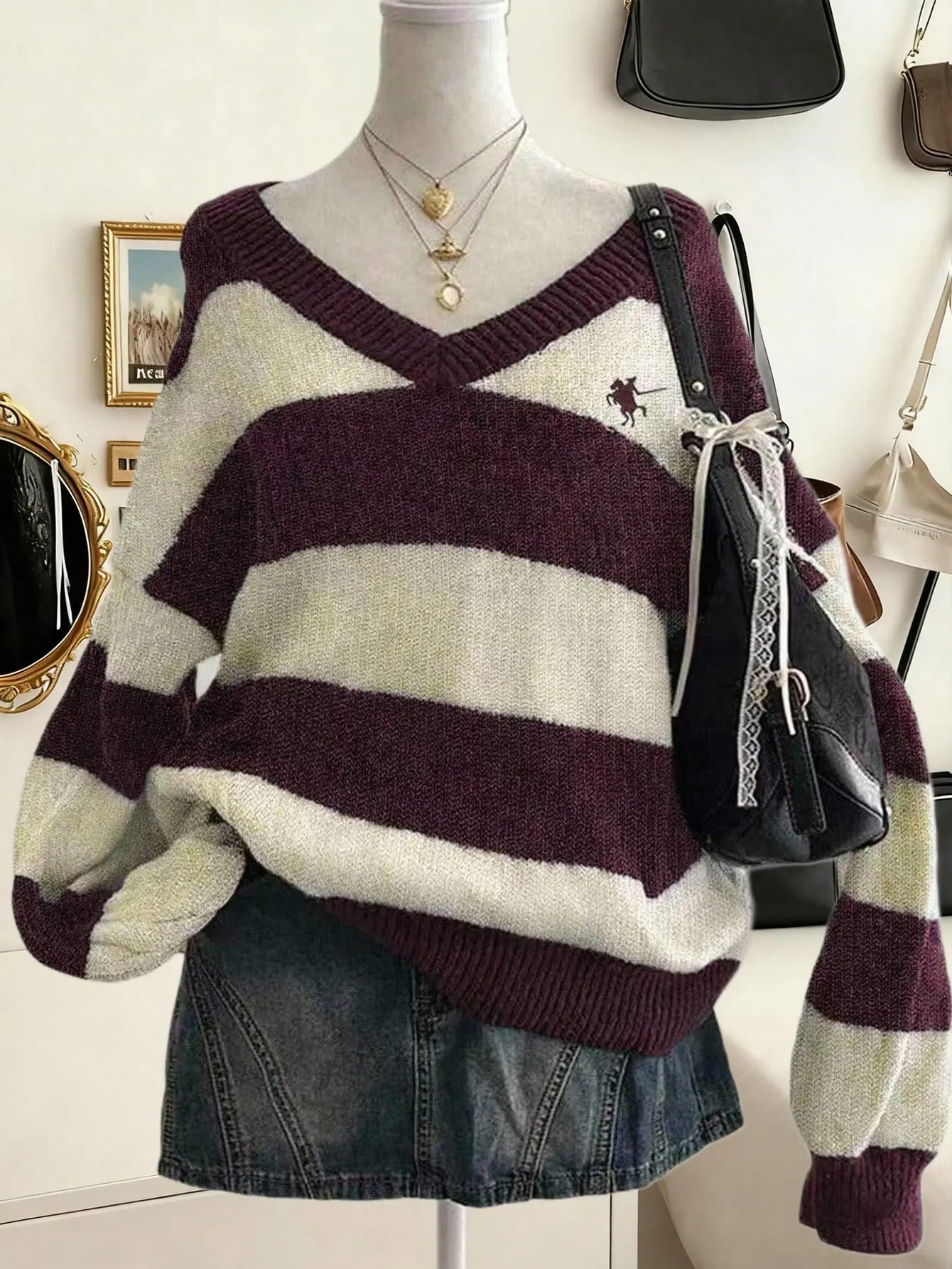 [Back to School] ROYAL Women's Casual Loose V-Neck Drop Shoulder Striped Knight Pattern Sweater Knit Pullover Top Cozy Fall Winter Fashion