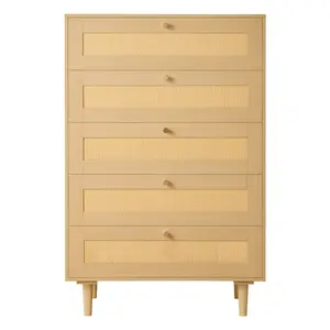 VEVOR 5 Drawer Rattan Dresser, Modern Closet Dresser for Bedroom, Natural Rattan Chest of Drawers with Metal Handles & Wooden Legs, Chest Clothing Organizer & Storage for Bedroom, Living Room, Hallway