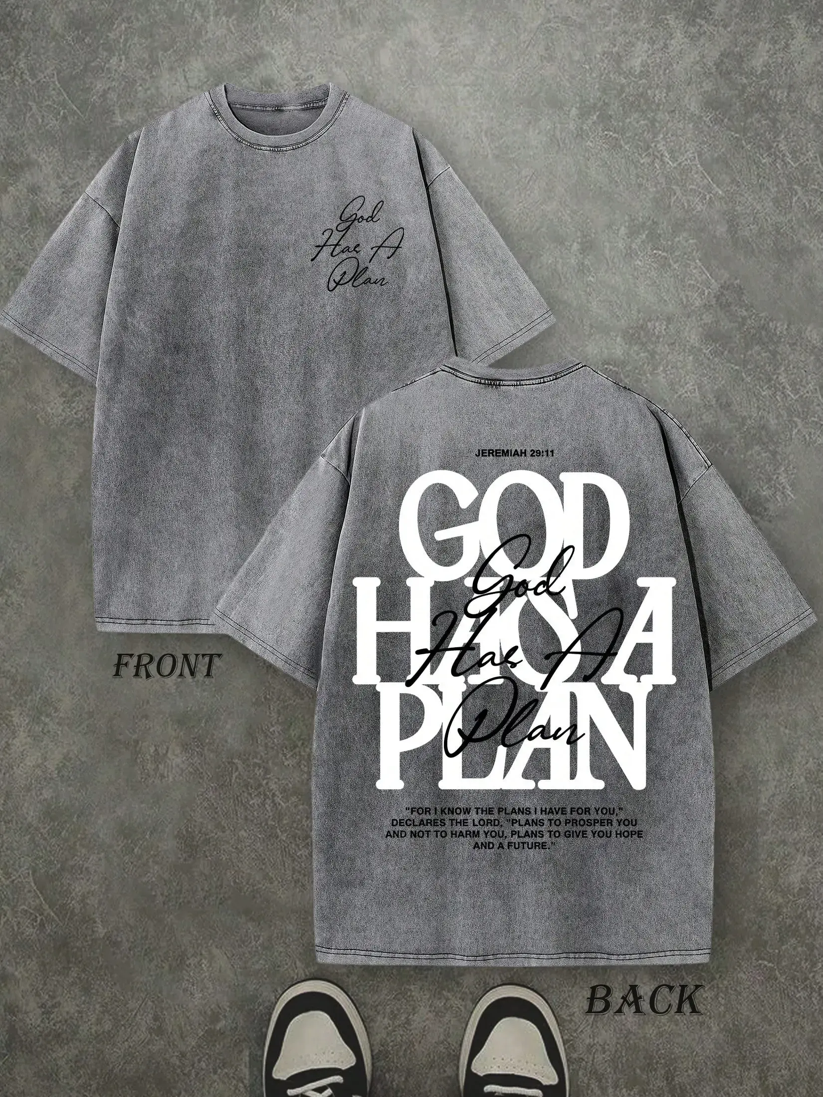Men's Retro Washed 230 Pure Cotton Short-Sleeve Round-Neck T-Shirt - Double-Sided Figure Print, 'GOD HAS A PLAN' Letter Print, Fitted Cut, Casual Streetwear Crewneck, Comfortable Fashionable Graphic Tee