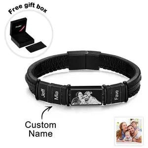 Personalized Bracelet Jewelry Customized 3 Name DIY Bracelet Charms with Photo Souvenir Gift for Man on Father's Day