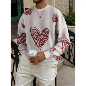 Cute Fall & Winter Unisex Casual Sweater with Love Heart Pattern, Loose-Fitting Long Sleeve Pullover for Valentine's Gift