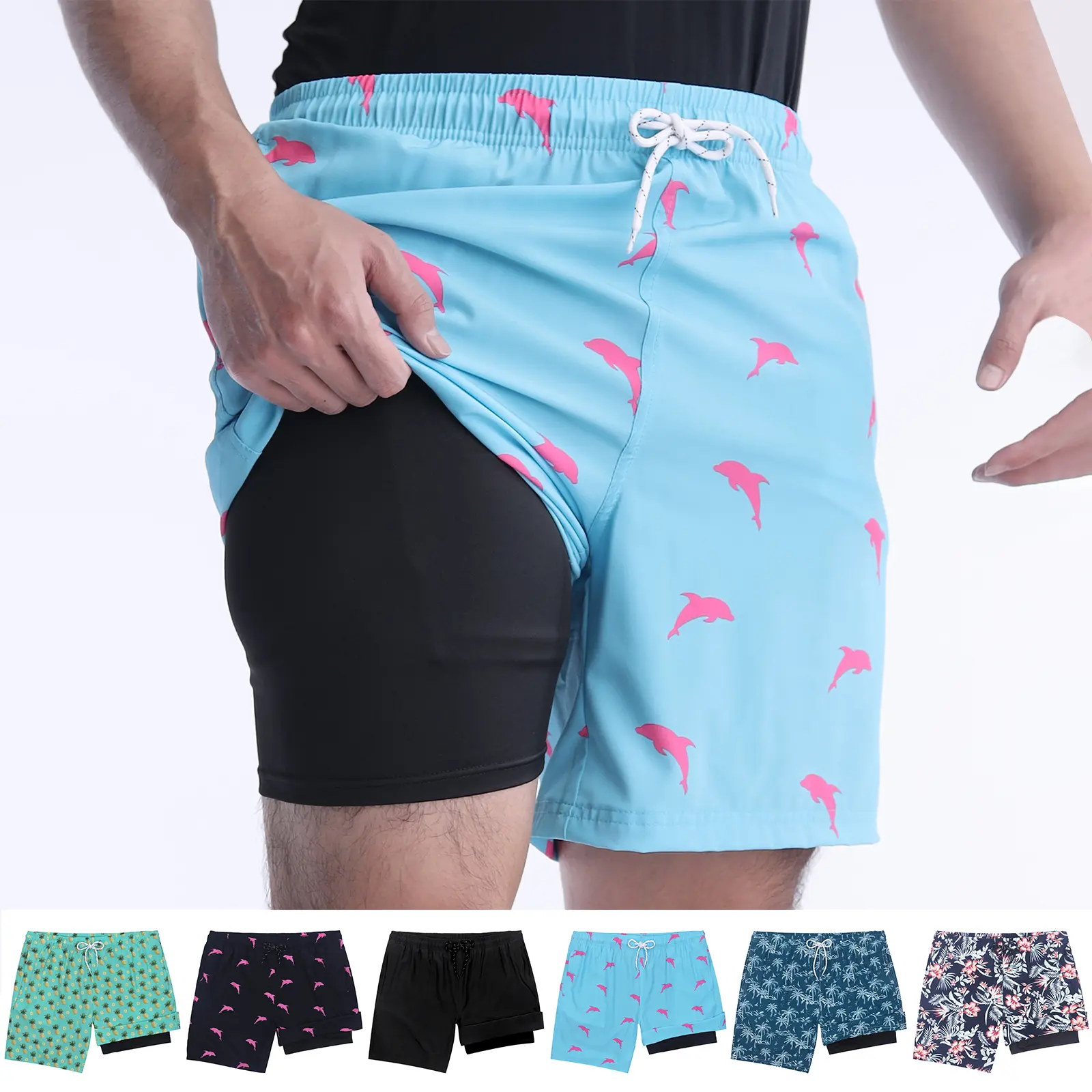 Men's Sporty Chic 2-in-1 Lined Tropical Print Quick-Dry Elastic Waist Beach Pool Swim Trunks