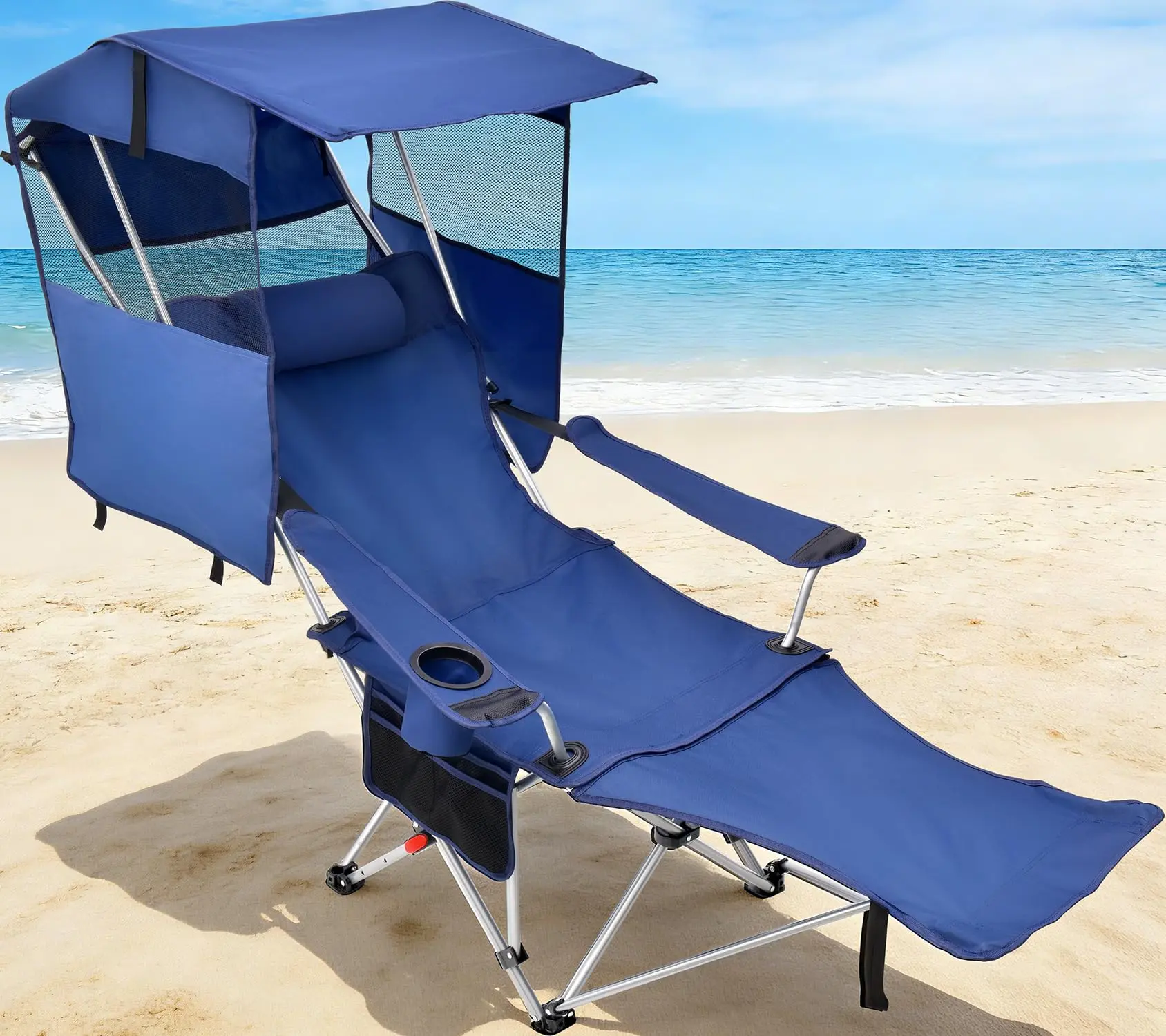 Reclining Beach Chair with Canopy Shade & Foot Rest | 4-Way Recline, Adjustable Canopy, Supportive Headrest, Compact Fold, 330 LBS Heavy Duty Reclining Camping Chair with Canopy
