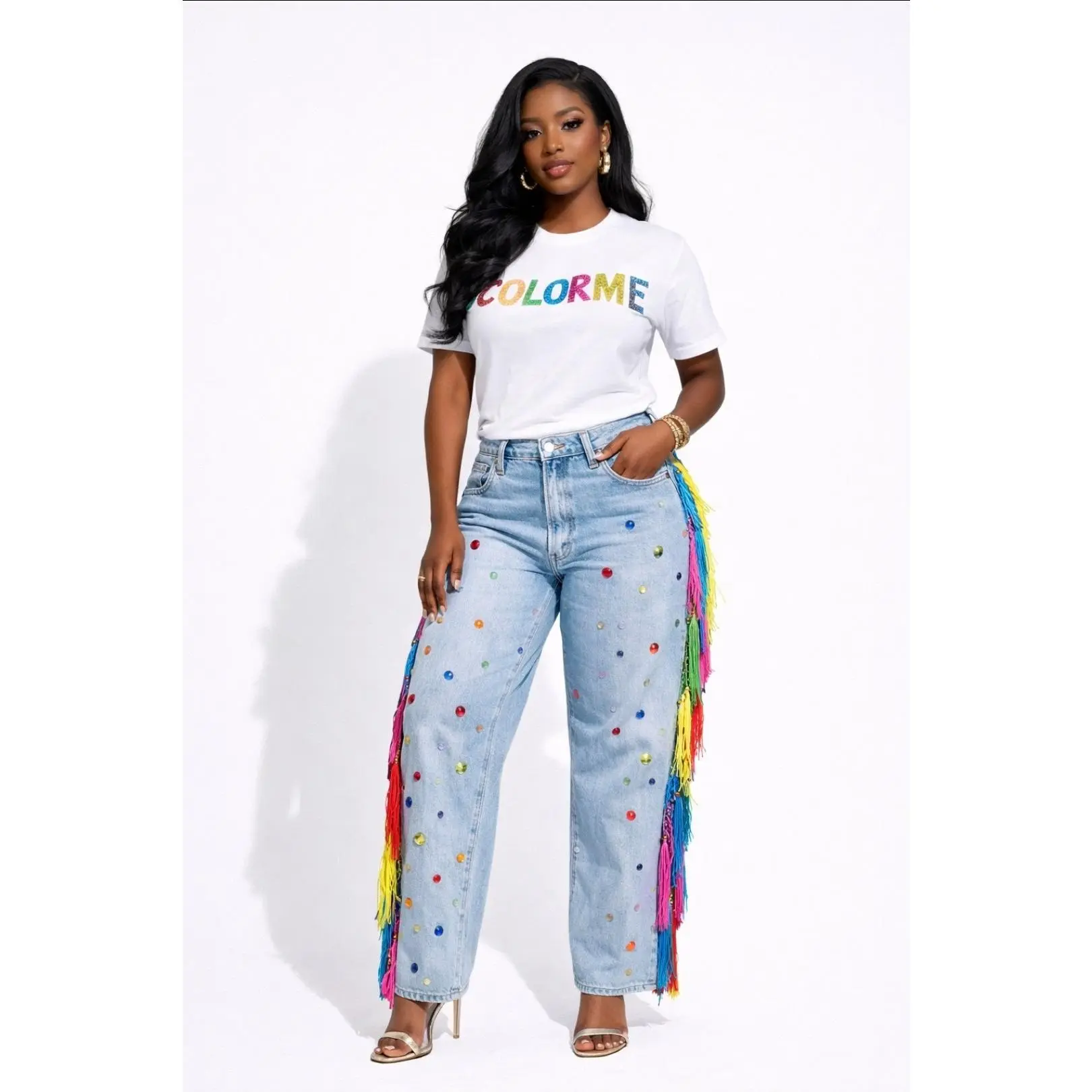 Women's Rainbow Fringe Denim Jeans, High-Waist Skinny Pants with Rhinestone Detail for Boho Festival Fashion, Tassel, Tee, Top
