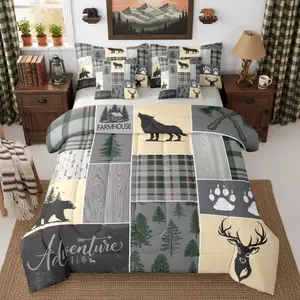 Farmhouse Cabin Comforter Set with Sheets Wolf Bear Antlers 7-Piece Bedding Set for Kids Boys Teens Bedroom Woodland Wildlife Claw Bed In A Bag Rustic Lodge Plaid Patchwork Bed Set,Grey Green