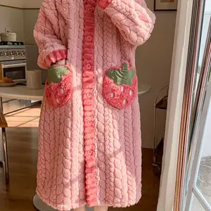 Women’s Cozy Coral Fleece Robe with Strawberry Pockets - Casual V-Neck, Long Sleeve, Thick Plush Loungewear for Autumn/Winter, Machine Washable