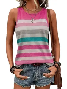 Women's Summer New Fashion Casual Round Neck Sleeveless Colorful Striped Print Womenswear Tank Top, Perfect for Everyday Leisure and Vacation Outing