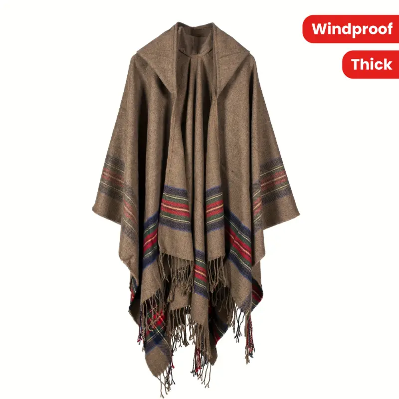 Women's Casual Hooded Blanket Shawl, Striped Jacquard Poncho with Tassels, Warm Acrylic Polyester Blend for Autumn, Hand Wash Only, Dry Clean, Stripes, Jacquard Knit Style, Tassel Trim, Windproof