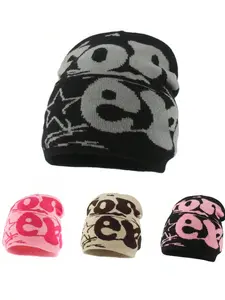 Unisex Y2K-Style Letter Jacquard Knit Beanie Fitted, Warm Street Hat for Outdoor Wear, Beanie for Autumn and Winter, Fashionable Cold-Weather Headwear