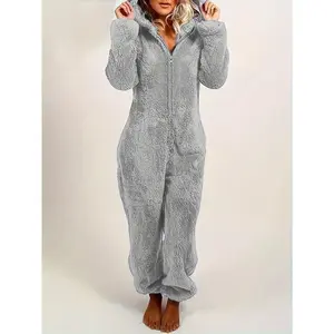 Women’s solid-color plush zip-up hooded pajama jumpsuit with teddy bear ear design, casual long sleeves, suitable for fall and winter; women’s sleepwear for indoor wear; fluffy ladies’ pajamas.