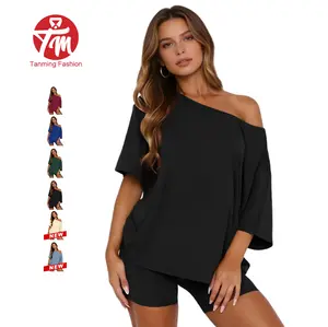 Tanming Women's Casual Two-Piece Loungewear Set Flattering Off Shoulder Top & Fitted Shorts Soft Stretchy Spring Outfit for Lounging & Travel