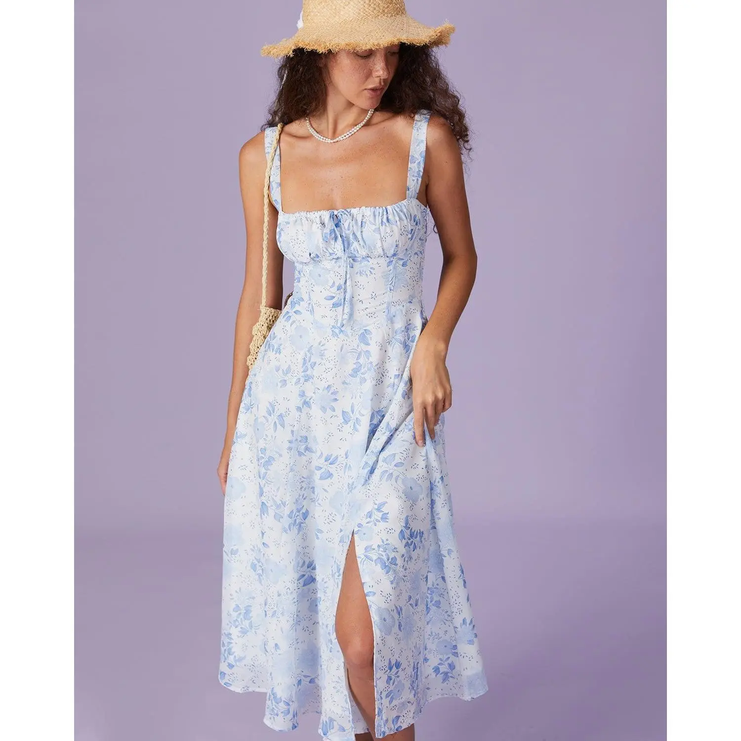 RIHOAS Women's Casual Polyester Sleeveless Floral Print Square Neck High-Waisted Fitted Shirred Midi Dress - Side Slit, Lightweight, Sweat-Resistant, for Going Out/Resort Wear, Cold Wash Compatible