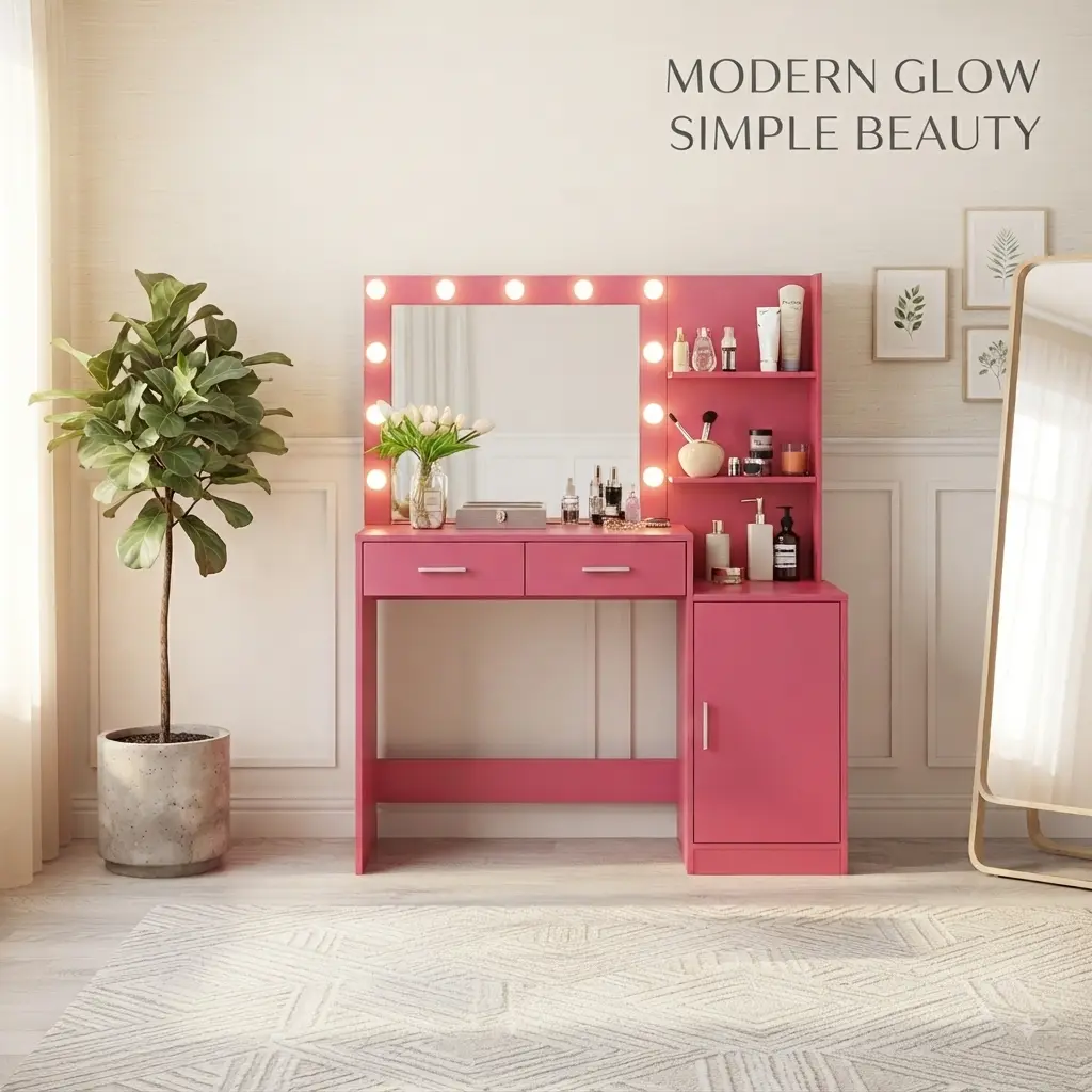 Rose Pink Makeup Vanity (46.4in), Single Unit LED Lighted Dressing Table with Mirror - 3 Lighting Modes, Adjustable Brightness, 2 Large Drawers, Vertical Organizer, Storage, Brighten Your Prep, Easy Set Up for Bedroom, Warm/Cool/Natural, Assembly Required