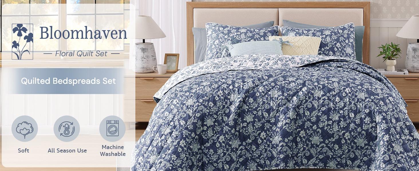 Quilt Set Twin Size, Oxford Blue Floral Quilt Sets, Reversible Bedspread Lightweight and Breathable for All Seasons, Soft Quilted Bedspread with 1 Pillow Sham